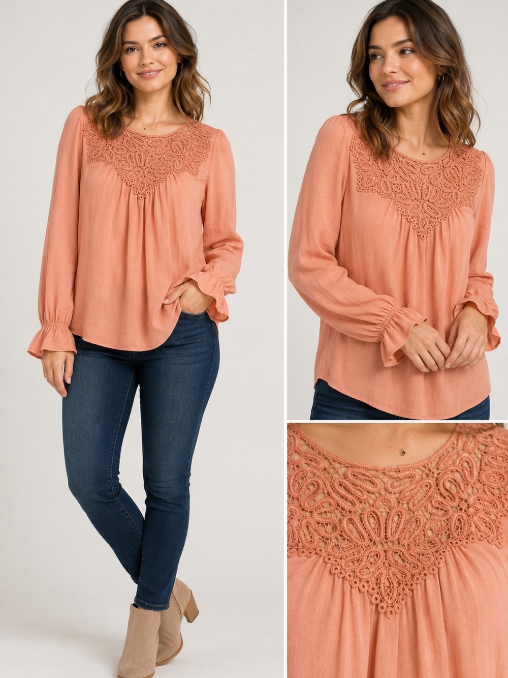 Blu Pepper Peach Lace Accent Boho Blouse Women’s Medium Romantic Cottagecore Top